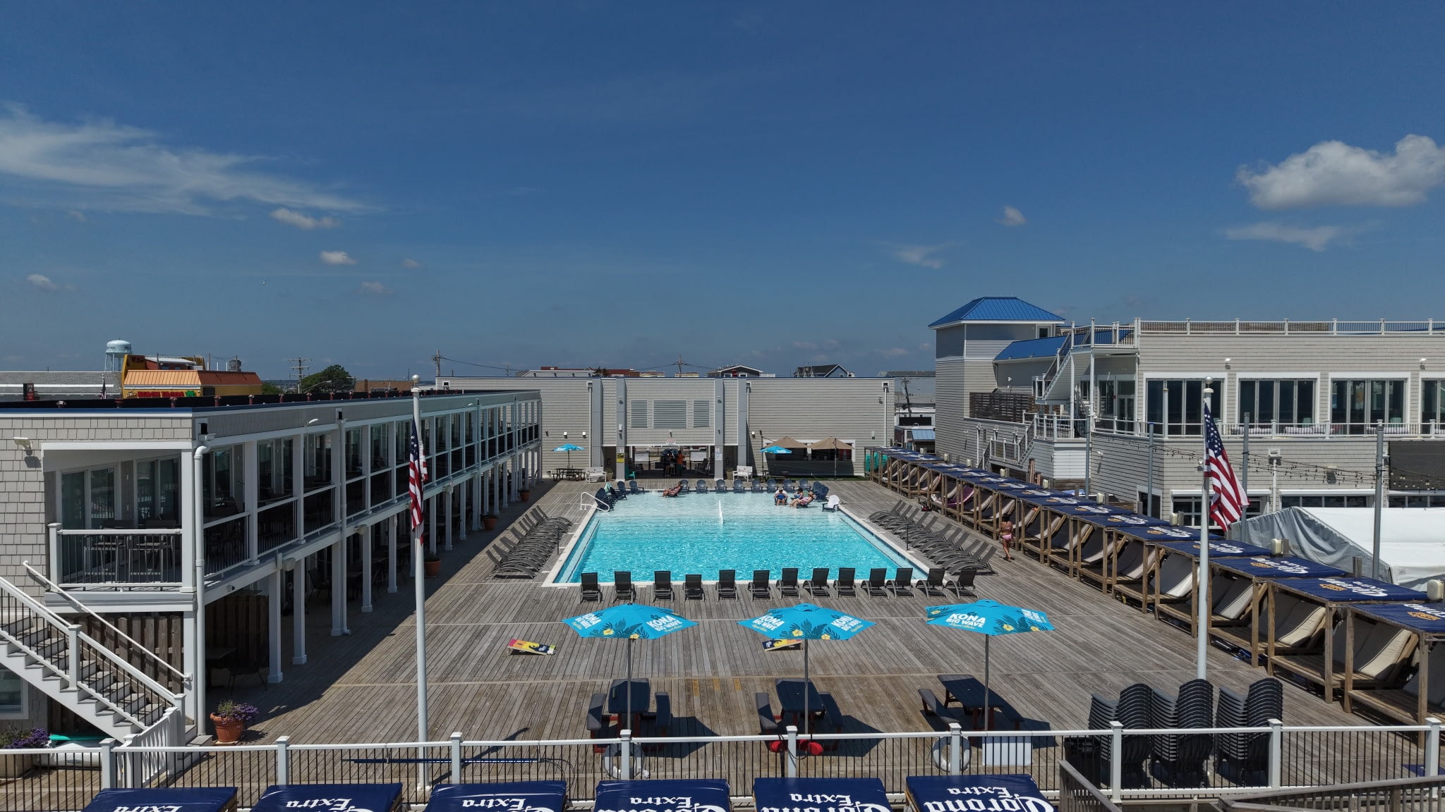 Aerial view of the pool deck and boardwalk